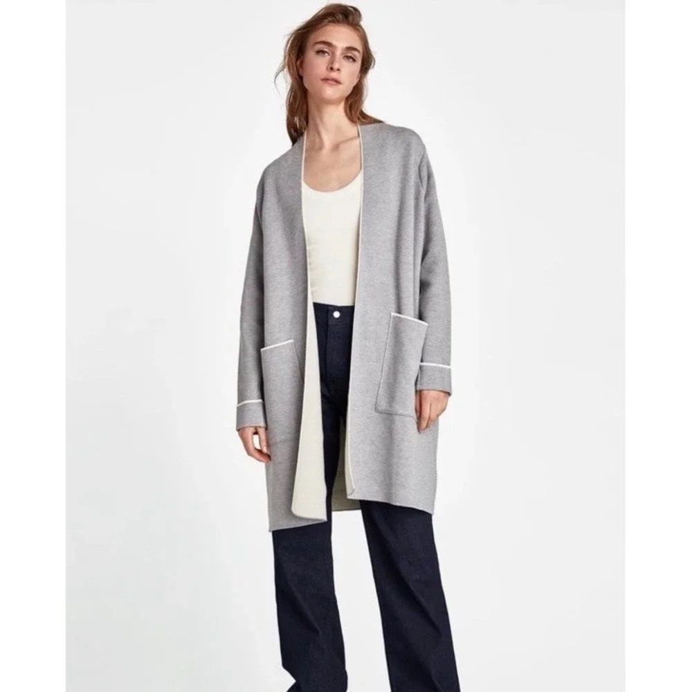Zara Knit Long Cardigan Size Small Charcoal Gray With Piping Pockets Comfortable